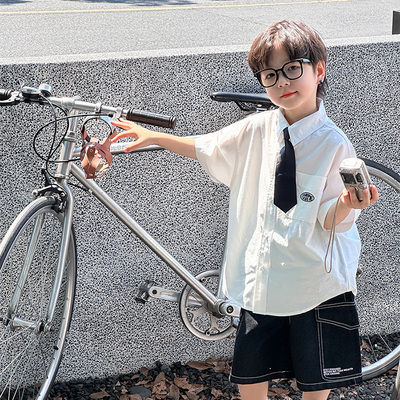 【好物体验专享】男童衬衫短袖夏季2024新款儿童学院风领带白衬衣