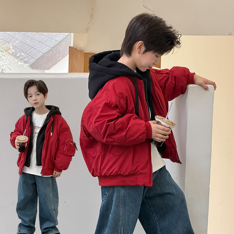 男童棉服2025冬季新款儿童新年红加厚保暖假两件夹克连帽外套冬装
