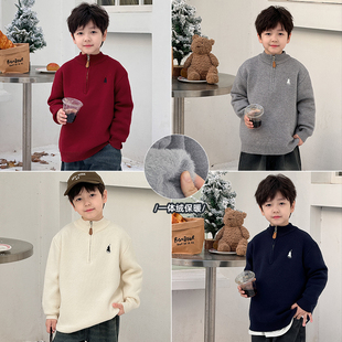 男童加绒毛衣2025冬季儿童一体绒加厚半高领针织衫毛线半拉链打底