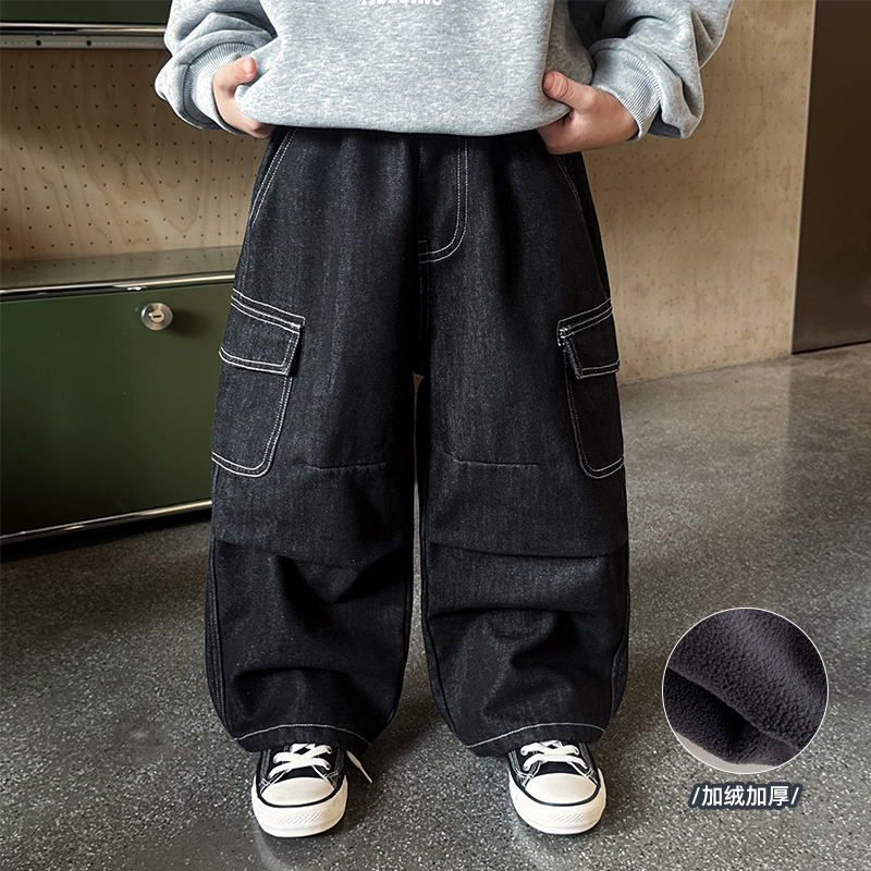 男童加绒牛仔裤儿童加厚一体绒裤子2025冬季新款宝宝冬装休闲裤潮
