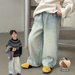 男童加绒牛仔裤儿童加绒保暖做旧复古直筒裤2025冬季新款男宝冬装