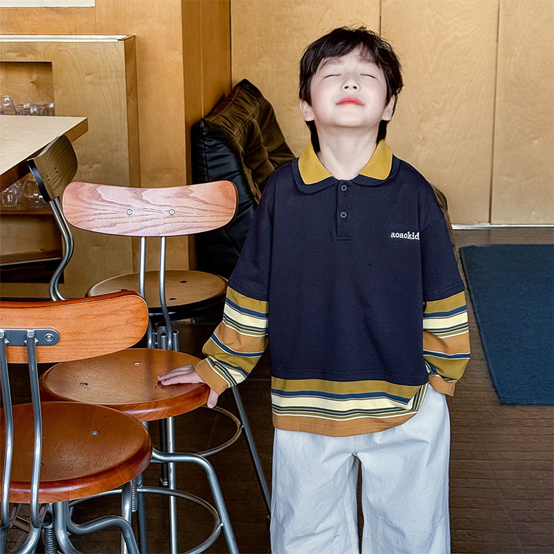 男童长袖T恤2026春季新款儿童条纹POLO衫假两件上衣男宝春装洋气