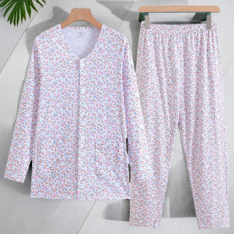 中老年纯棉长袖开衫睡衣套装