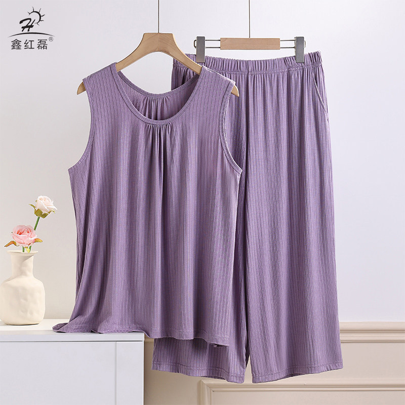 莫代尔大码遮肚背心套装七分裤女士妈妈装打底衫夏季外穿薄款上衣