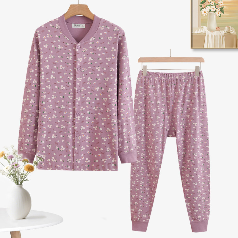 中老年人女士纯棉开衫秋衣秋裤套装妈妈开襟家居服针织大码棉毛衫