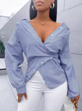 long sleeve female Shirt Ladies Blouse Women Tops条纹女衬衫