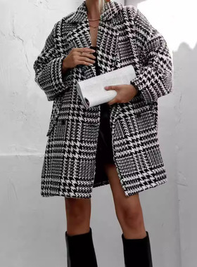 women's long sleeve loose coat Ladies Jacket女格子大风衣外套