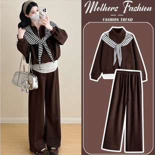 潮妈拼接卫衣裤 孕妇咖色套装 外穿韩版 时尚 子两件套女 春秋2025新款