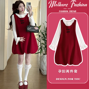 孕妇连衣裙套装春秋2026新款时尚潮妈过年红花苞裙打底衫两件套女