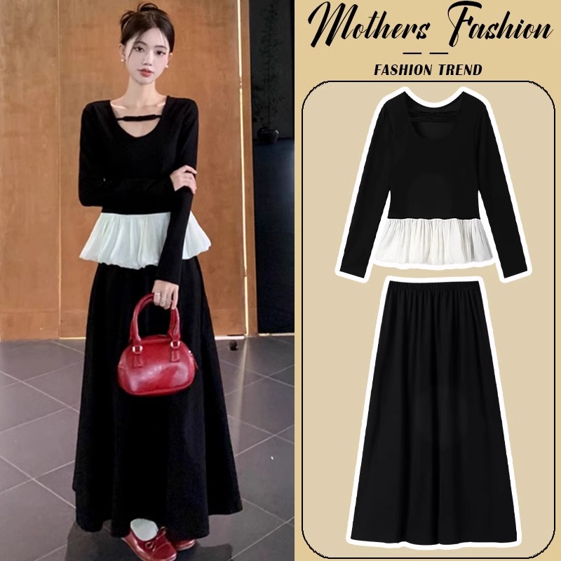 孕妇连衣裙套装春秋2025新款法式荷叶边拼接长袖上衣半身裙两件套