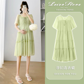 辣妈小个子2023新款 孕妇连衣裙夏季 绿色V领雪纺时尚 薄款 宽松 短袖