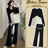 黑色设计感波点荷叶边上衣裤 孕妇连衣裙套装 春秋2026新款 子两件套