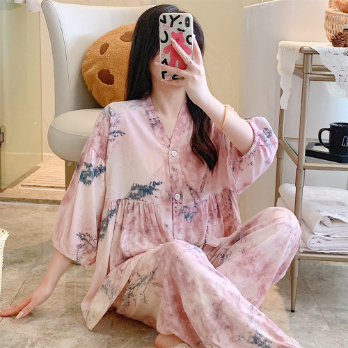 睡衣女新款棉绸可外穿夏季甜美七分袖长裤套装高级感加大码家居服