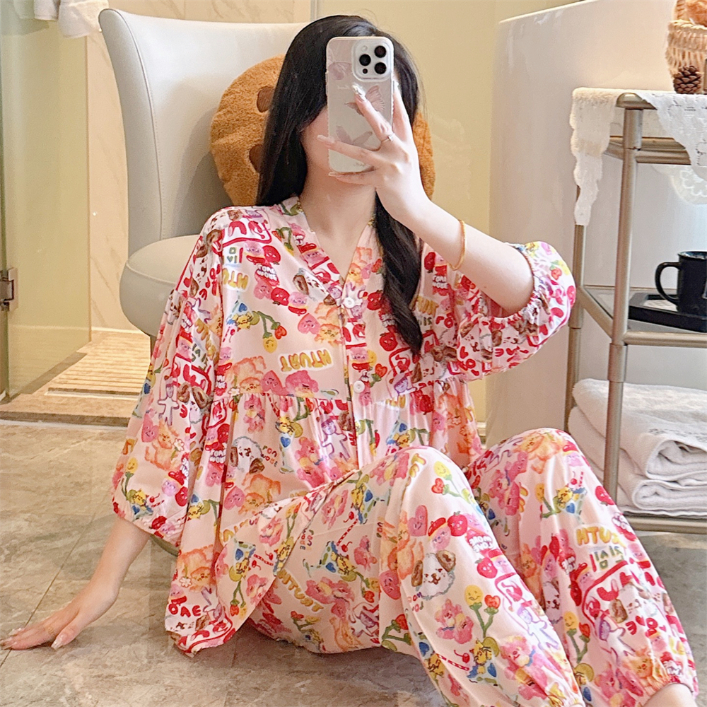 100%纯棉绸睡衣女春夏季七分袖少女卡通可外穿宽松大码家居服套装