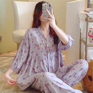 2026新款棉绸睡衣女夏季长袖新中式甜美家居服宽松大码人造棉套装