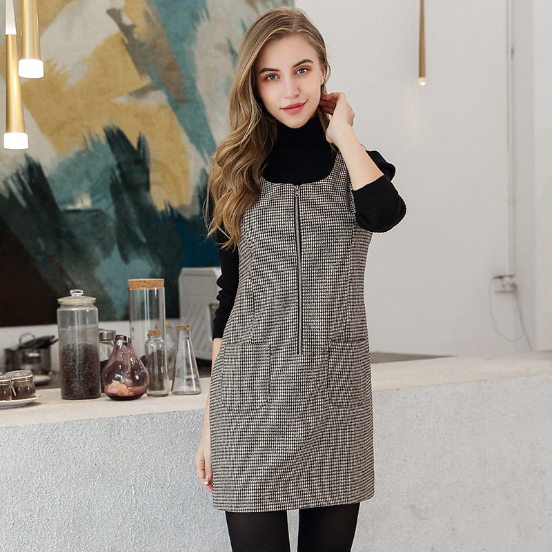 欧洲站连衣裙女2020秋冬欧美风毛呢连衣裙背心打底裙A字一步裙潮