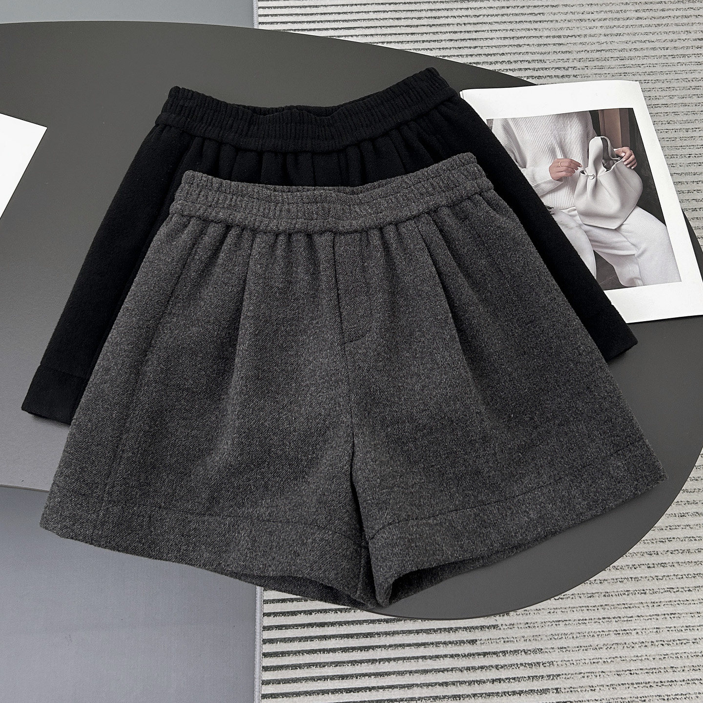 加厚松紧腰毛呢短裤冬季外穿女2025新款高腰显瘦休闲裤黑色阔腿裤,女装/女士精品,休闲裤,淘宝优惠券,粉丝福利购,淘宝优惠卷