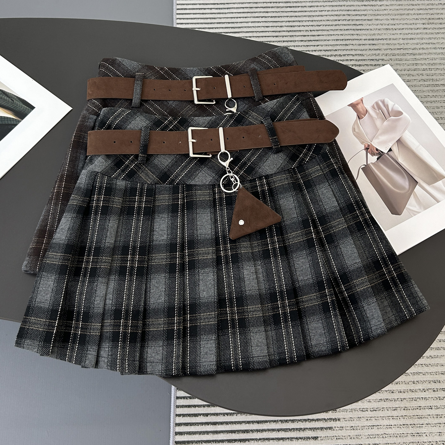 腰带毛呢格子百褶裙女秋冬季
