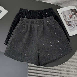 显瘦外穿打底阔腿裤 松紧腰休闲裤 子冬加厚女毛呢短裤 亮片黑色裤