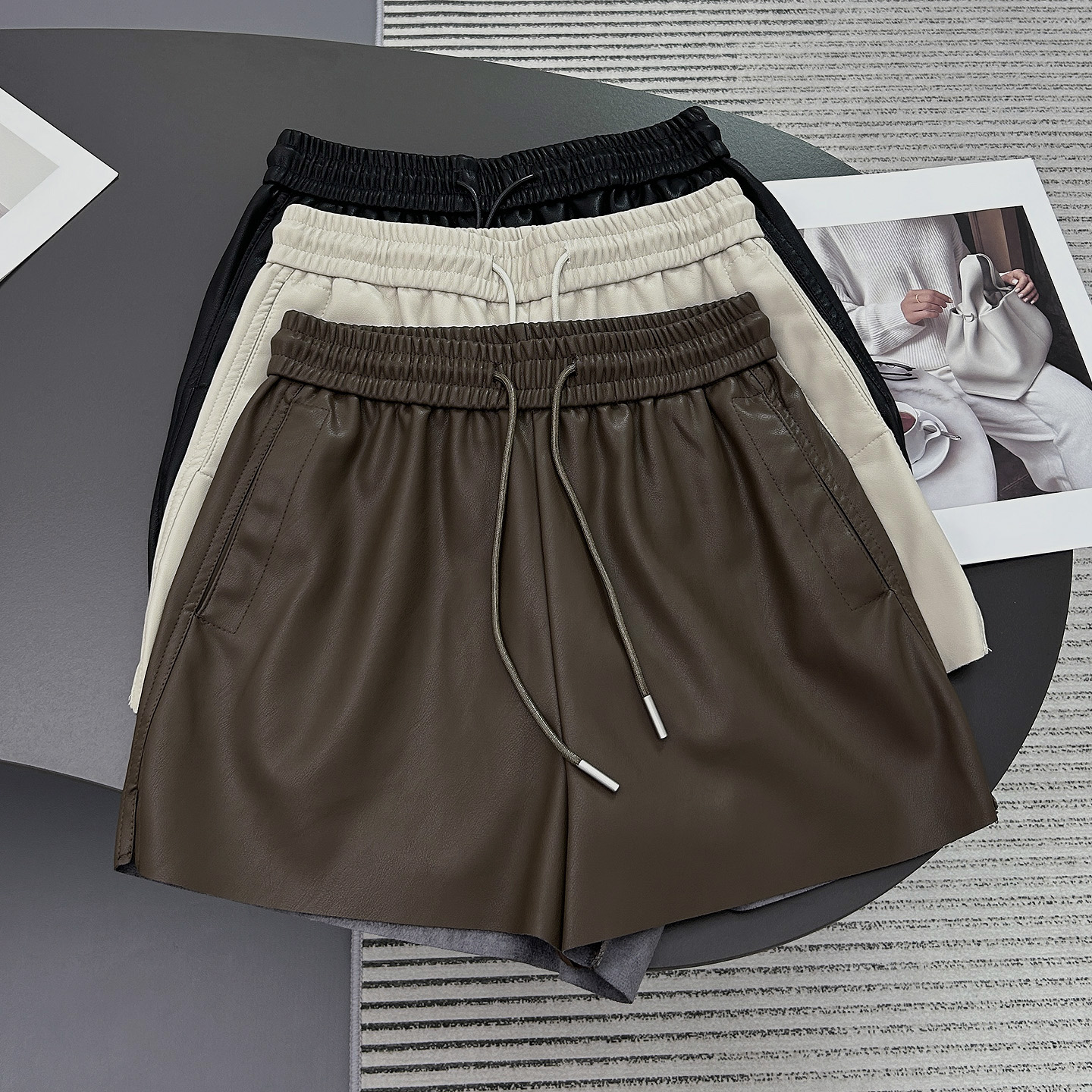 PU皮抽绳短裤宽松秋冬季2025新款