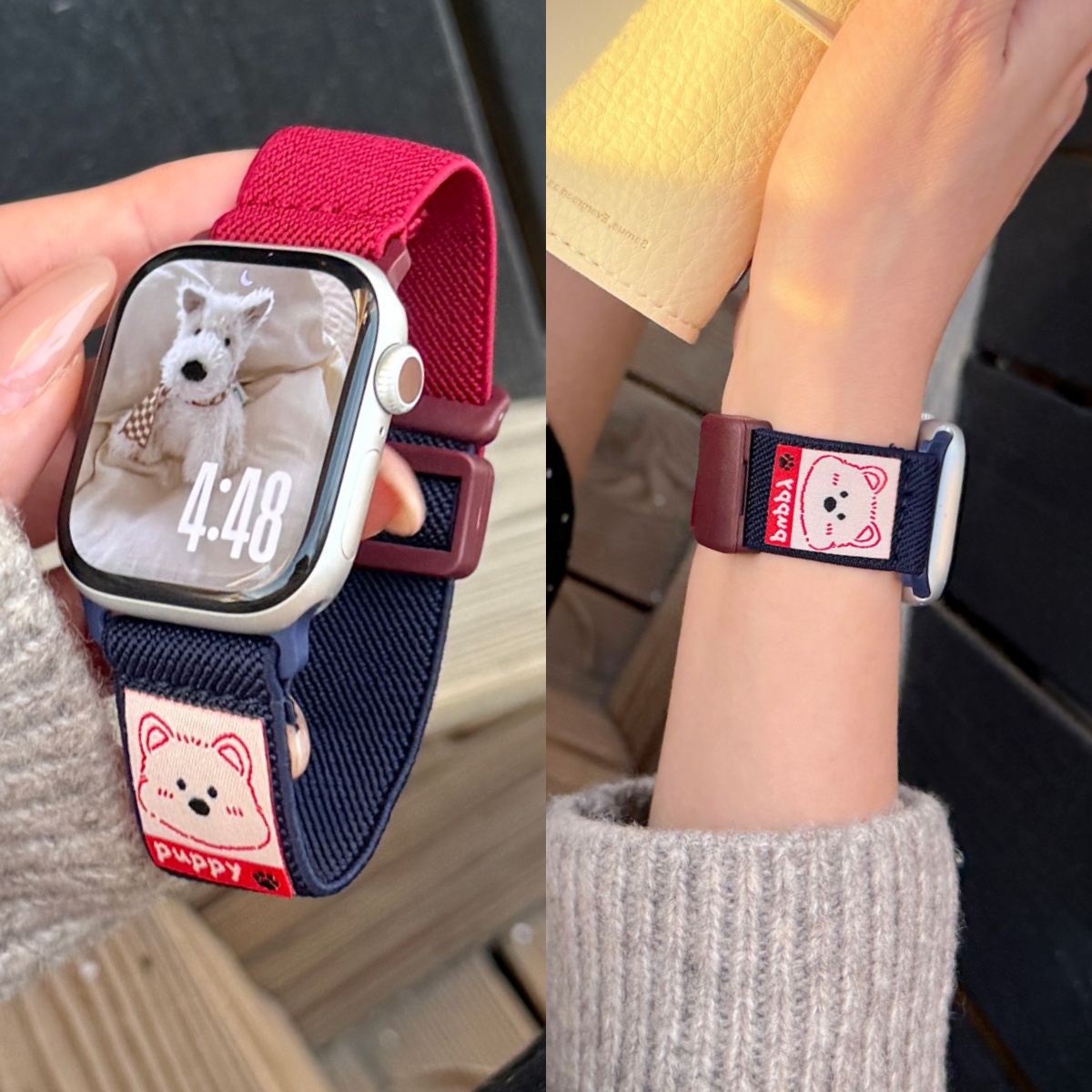 适用苹果S11手表iwatchs10表带11/10小狗尼龙applewatchS9磁吸S8新款高级感se3运动S7女款ultra32酒红色腕带