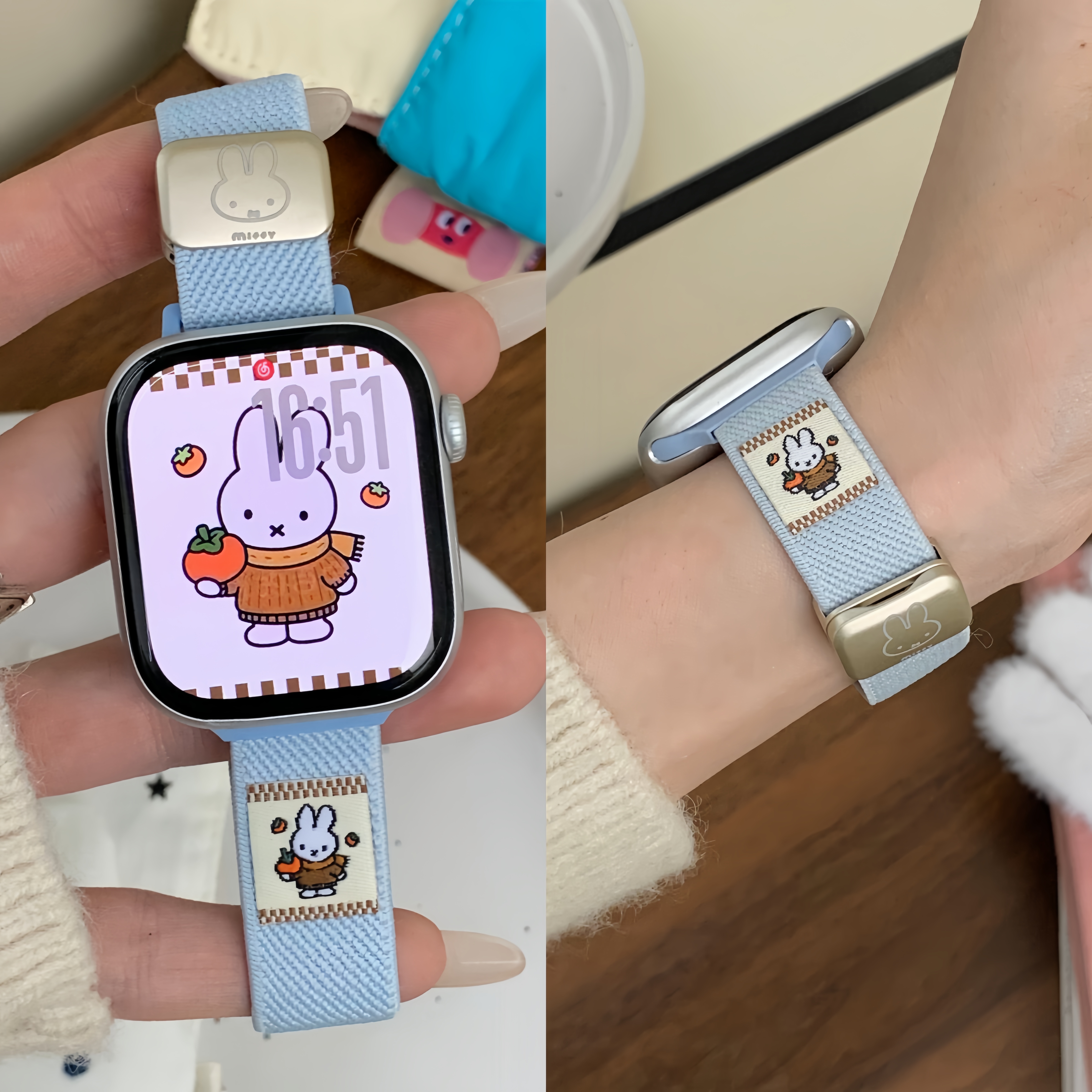 适用于iwatch11苹果手表applewatch10表带s9可爱卡通米菲兔平纹S8S7磁吸Ultra23新款45SE运动透气6女闺蜜小众