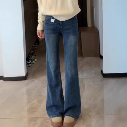 梨形身材深蓝色微喇牛仔裤女春季新款大码胖mm高腰显瘦弹力喇叭裤
