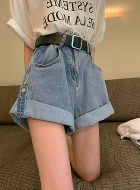 卷边牛仔短裤女夏大码胖妹妹mm高腰宽松遮胯显瘦韩版a字阔腿热裤