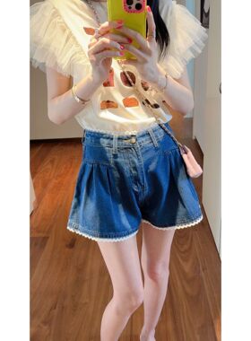 蓝色牛仔短裤女夏季蕾丝边裤子2026新款爆款高腰a字阔腿辣妹热裤
