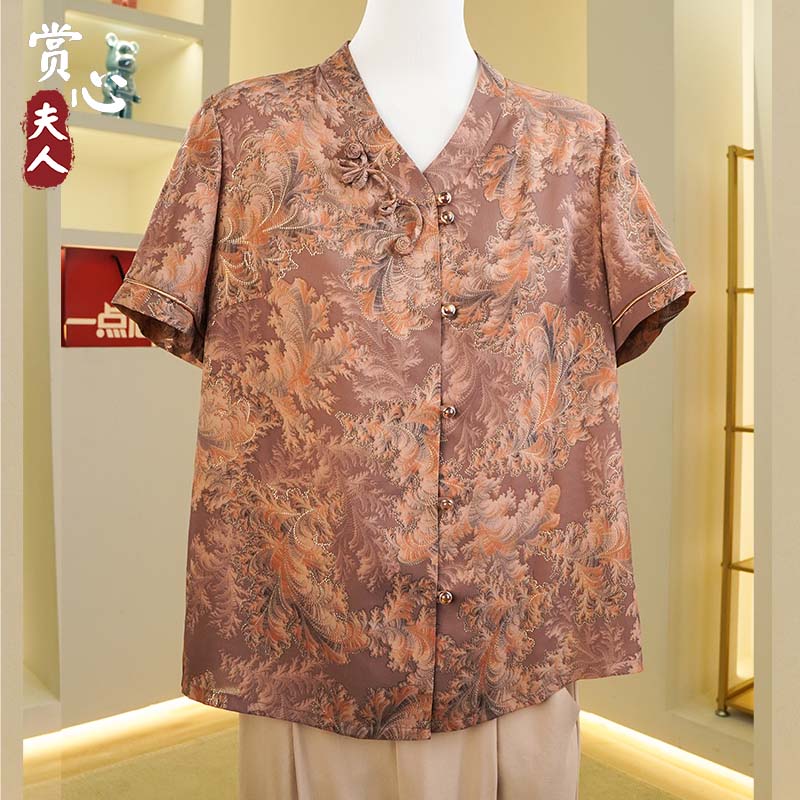 夏季妈妈装短袖衬衣薄款透气上衣中老年人端庄新中式衬衫女大码