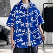 克莱因蓝垂感短袖 ins潮胖子设计小众痞帅衬衣外套 夏季 衬衫 男大码