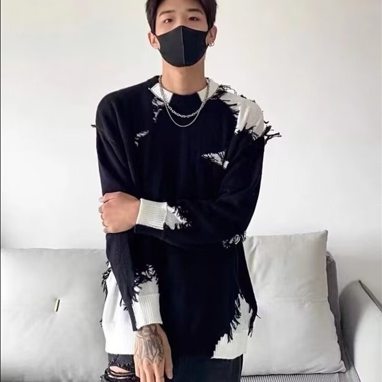 帅气韩版大码胖子拼接毛边套头毛衣男生潮牌高街破坏风设计针织衫