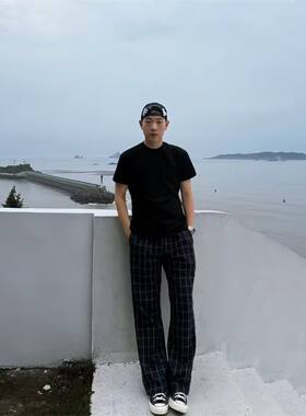 情侣格子裤男夏季新款宽松直筒长裤男生美式潮牌复古休闲裤子男