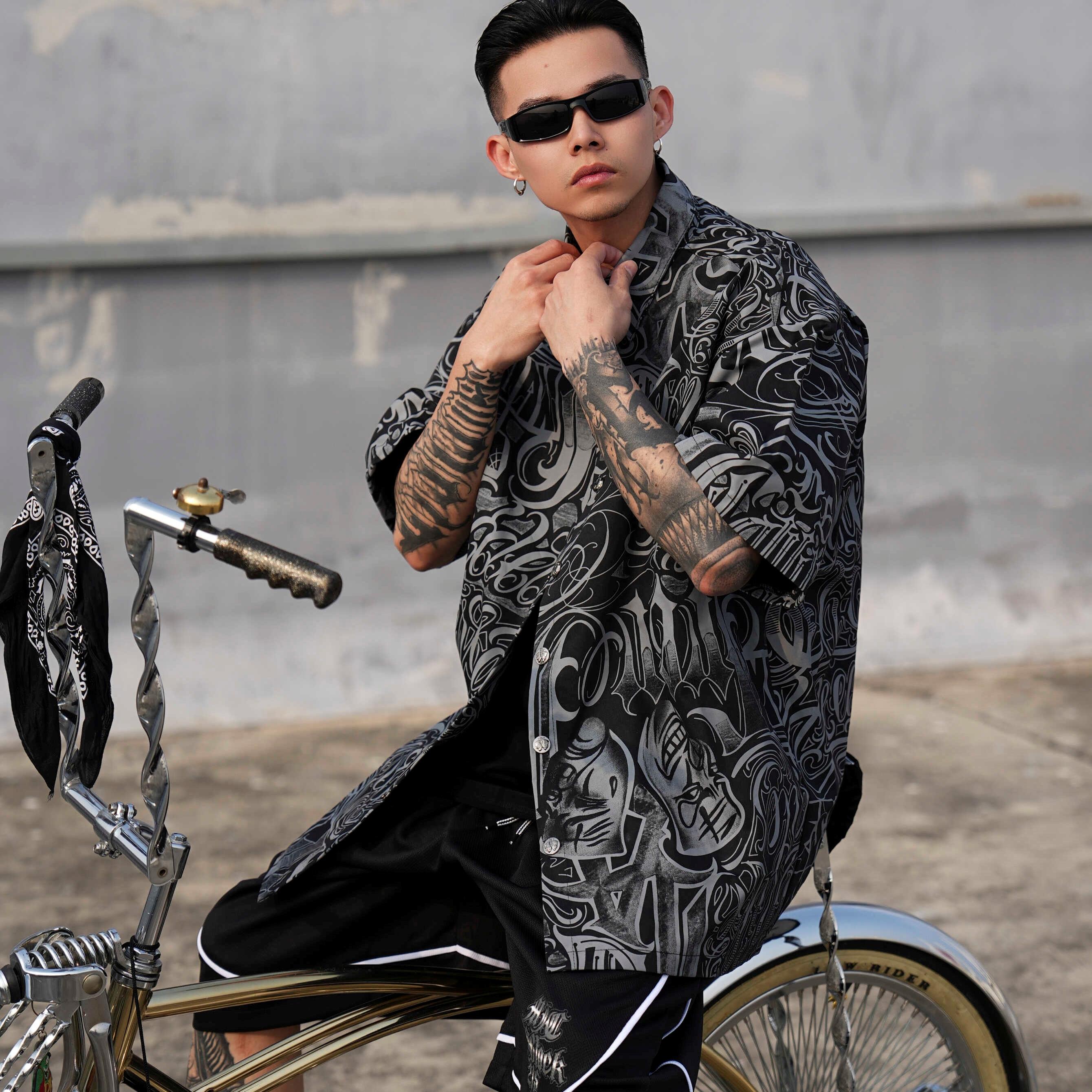 青少年痞帅胖子短袖衬衣个性满印大码撞色衬衫潮流韩版嘻哈风上衣