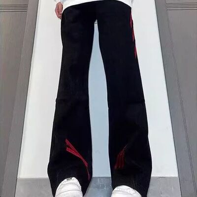 高街大码胖子vibe风条纹牛仔裤男款春秋cleanfit显瘦直筒弯刀裤子