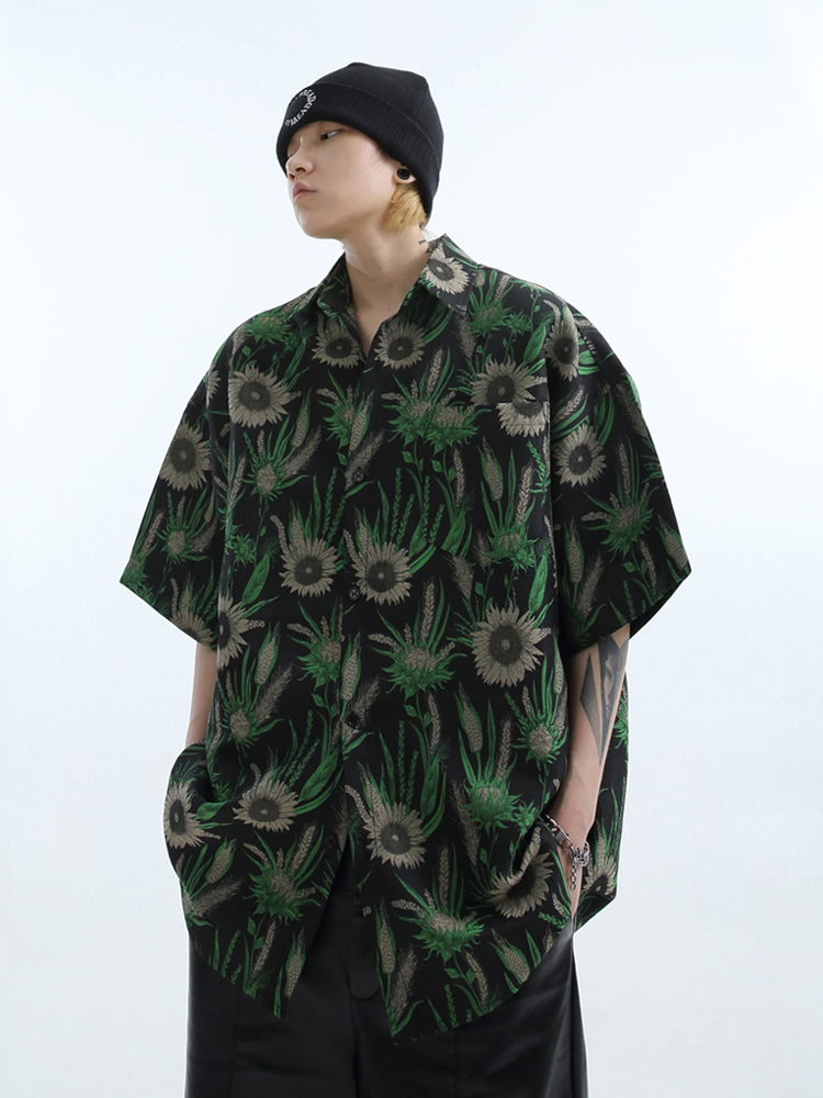 狗尾巴草提花大码情侣高级绿衬衫胖子沙滩男女宽松廓形短袖衬衣潮
