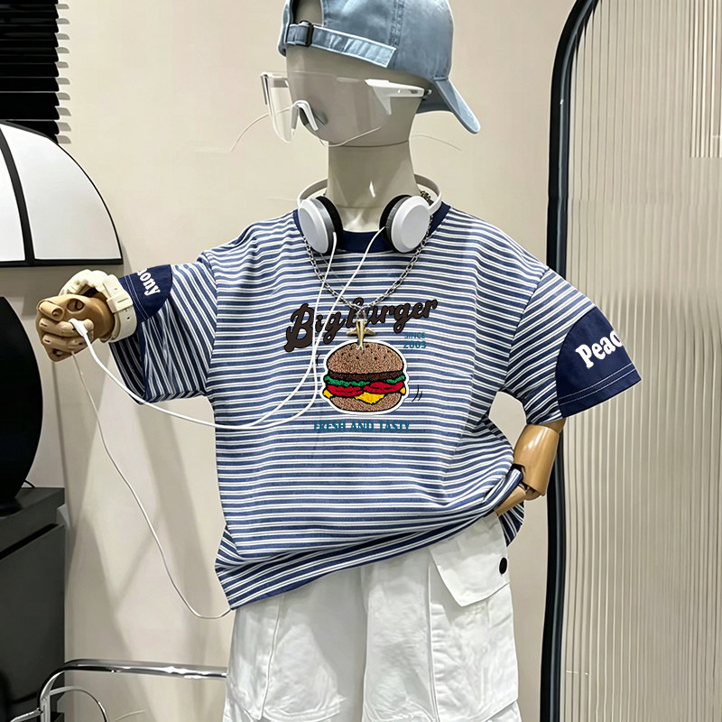 男童条纹撞色短袖T恤夏季2026新款韩版卡通印花宽松中大童上衣服