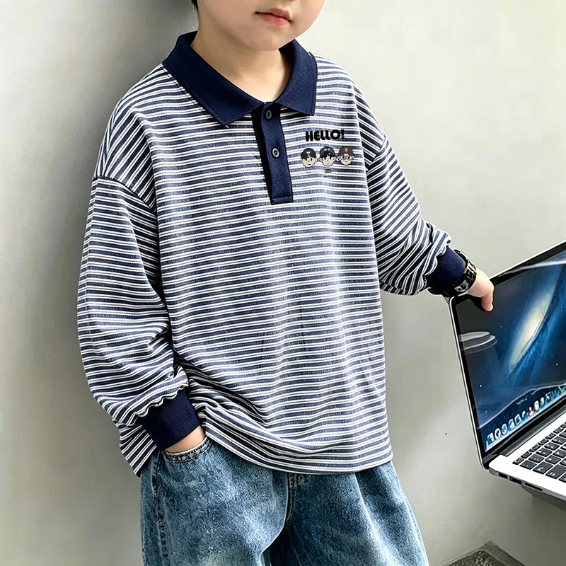 男童polo衫长袖t恤春秋新款男孩宝宝条纹帅气翻领打底衫儿童上衣
