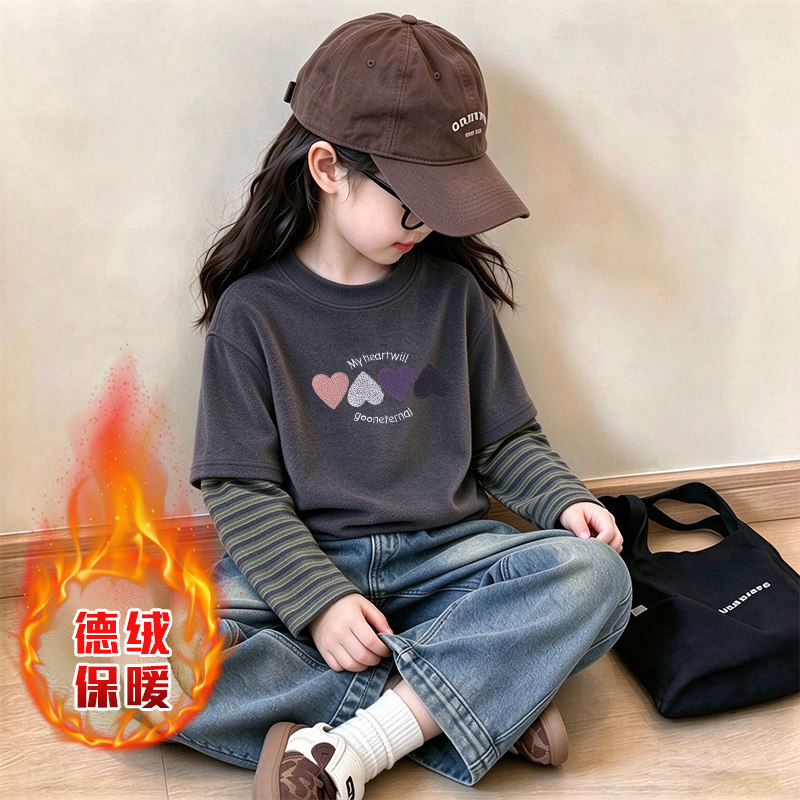 女大童德绒假两件长袖t恤