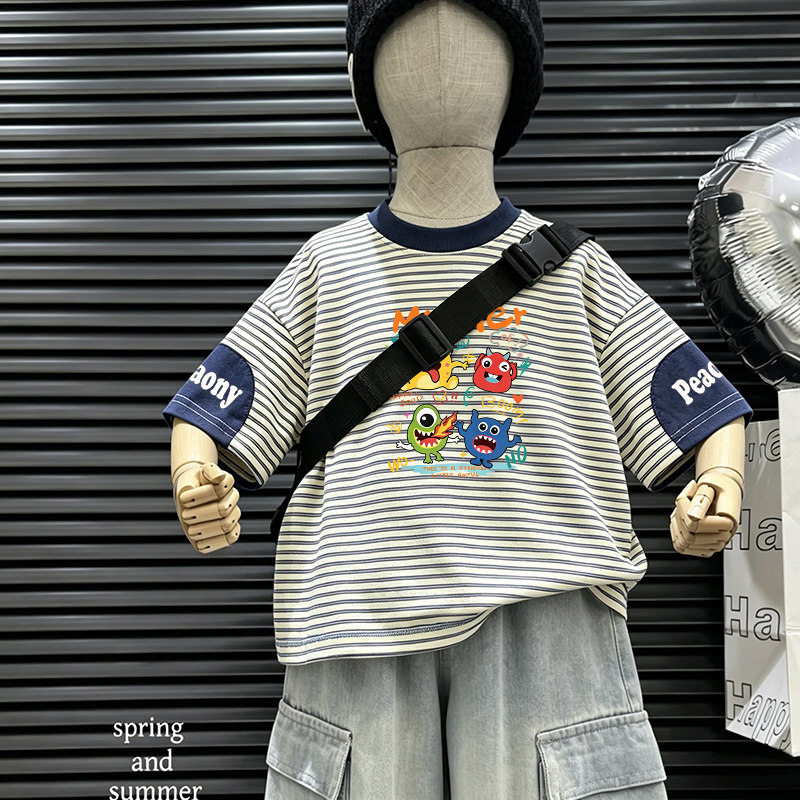【反季清仓】男童条纹短袖t恤卡通儿童夏季新款帅气中大童半袖上