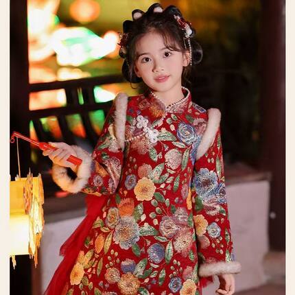 新年连衣裙加绒公主裙儿童汉服女童冬装旗袍中国风碎花加厚拜年服