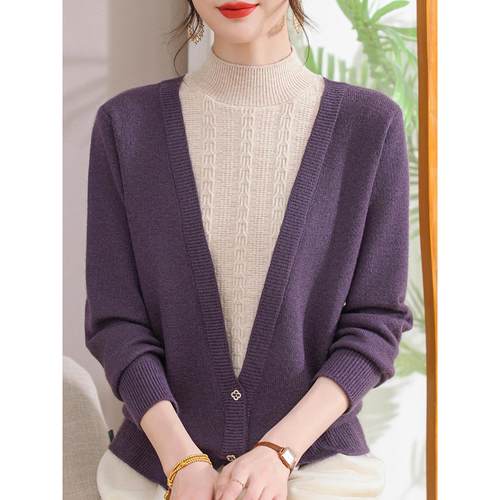 时尚洋气妈妈装假两件针织衫2025秋冬新款中老年女半高领长袖毛衣