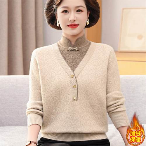妈妈冬装加绒加厚打底衫2025新款中老年女装保暖假两件一体绒毛衣
