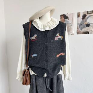 马甲背心叠穿无袖 可爱小马蘑菇提花圆领开衫 毛衣 新款 DB家2025冬季