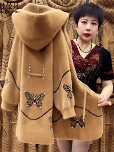 水貂绒女士妈妈装秋冬新款中长款加厚中老年开衫针织连帽外套大衣