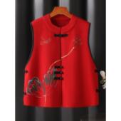 复古国潮风印花背心针织羊毛呢子坎肩中老年妈妈小个子唐装 短马夹