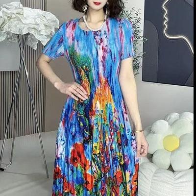 三宅风夏季褶皱连衣裙女时尚气质中年妈妈显瘦减龄弹力大码A字裙