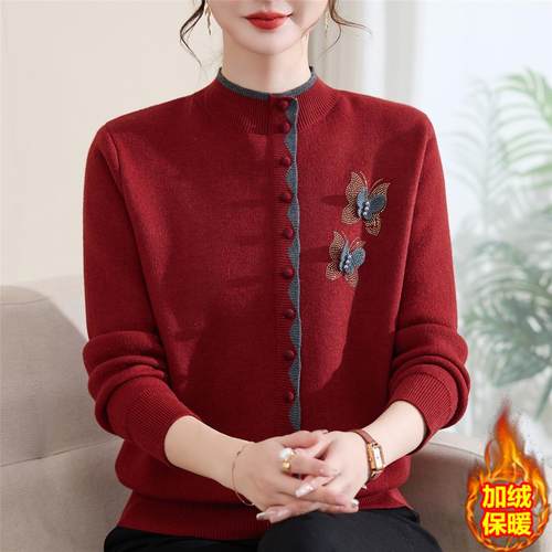 妈妈冬装加绒加厚毛衣洋气一体绒上衣中老年女冬季保暖内搭打底衫