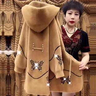 洋气妈妈装水貂绒外套女秋冬新中老年中长款加厚宽松连帽大衣开衫