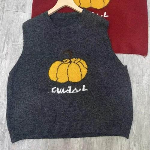 卡通减龄小狗圆领背心针织衫宽松显瘦套头毛衣高级灰马甲女833